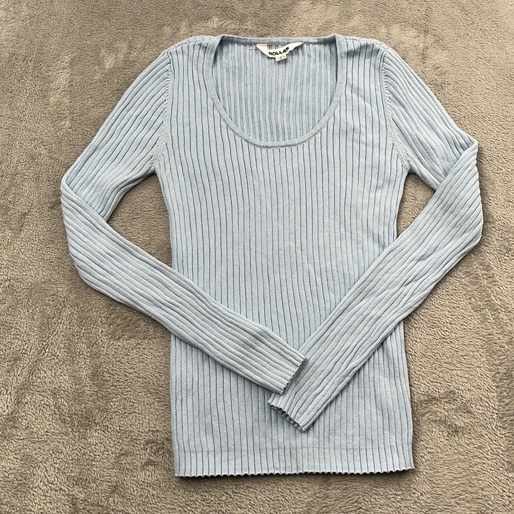 Rolla's XS, S Light Blue Ribbed Long Sleeve Scoop Neck Sweater‎